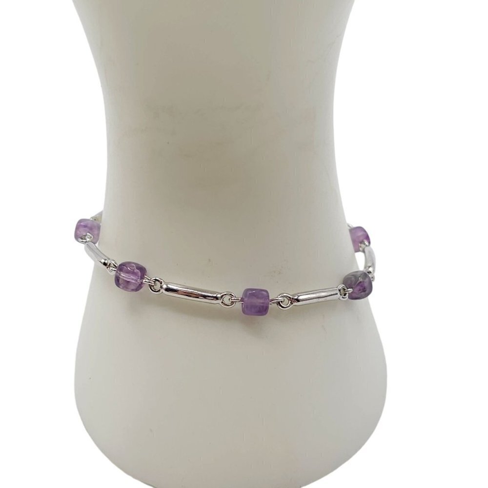 Monet Purple Beaded Station Link Bangle Bracelet Silver Tone Vintage